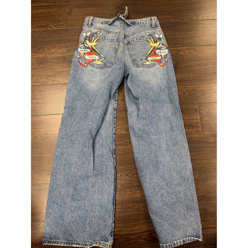 Ed Hardy Denim Jeans Women's 26 Born Free Tattoo Graphic Y2K Wide Leg